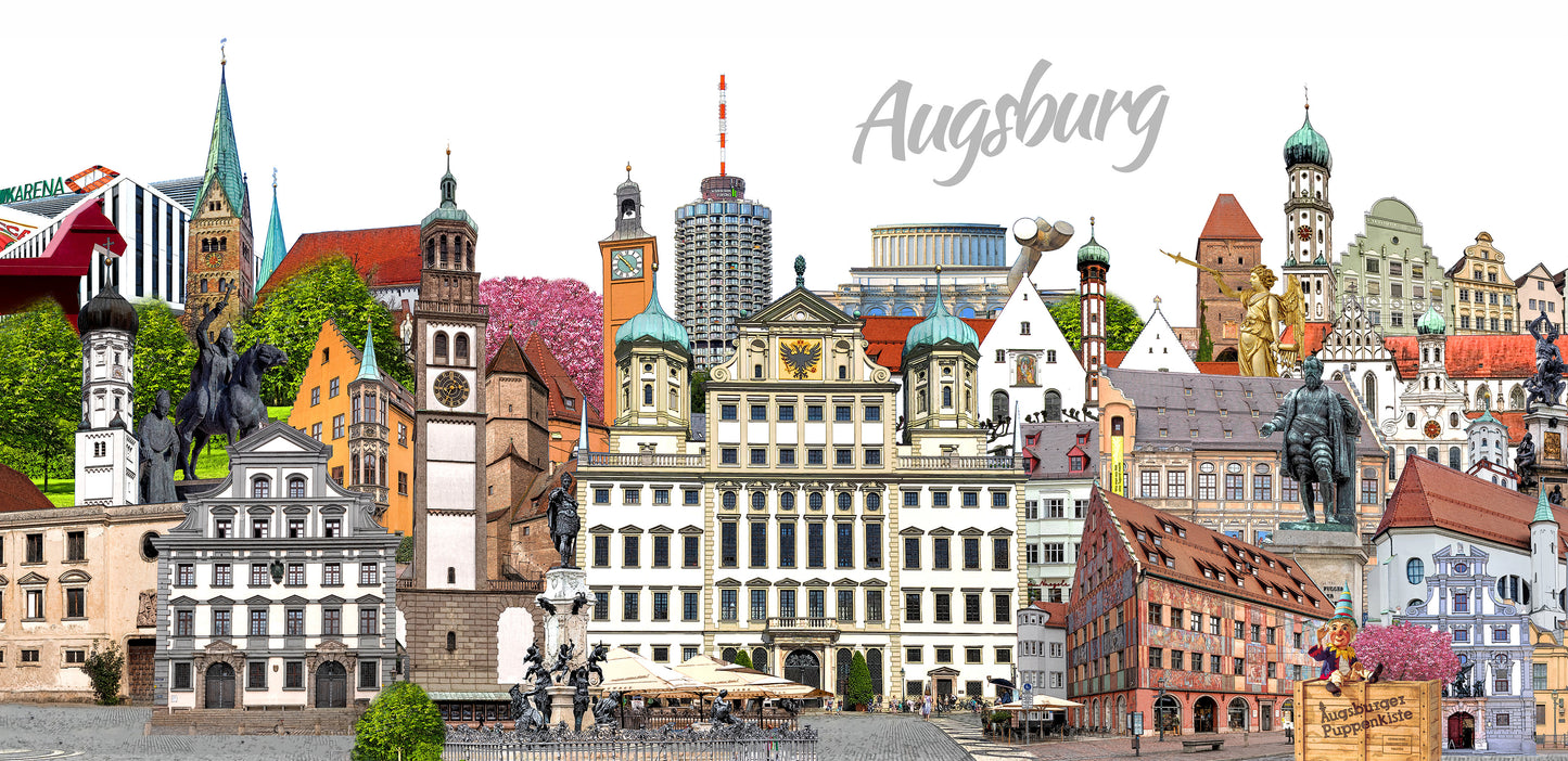 Bernd Röttgers Kunstwerk Augsburg auf hochwertiger Leinwand für das Wohnzimmer.