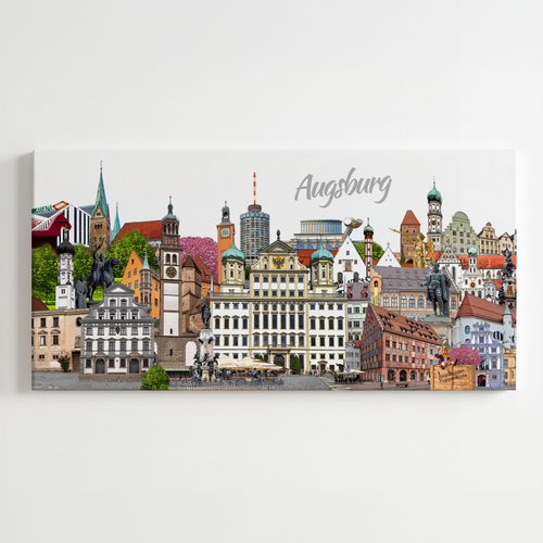 Augsburg Leinwand mit bunter City-Collage der wichtigsten Wahrzeichen von Bernd Röttgers.