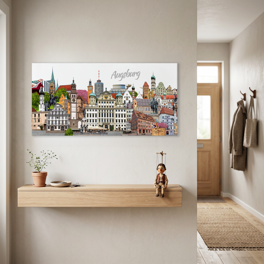 Wandbild Augsburg Detailansicht mit Rathaus, Perlachturm und Augsburger Puppenkiste.
