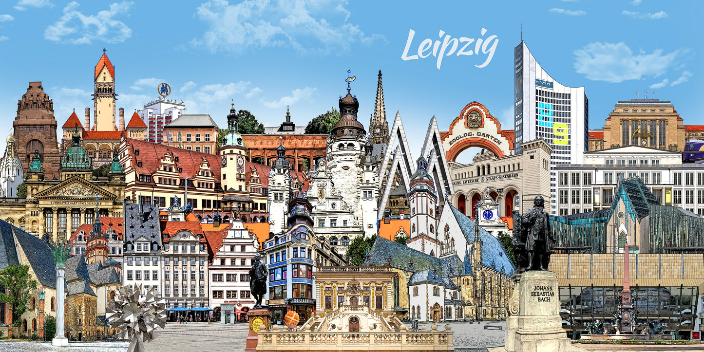 Weißer Leipzig-Schriftzug inmitten der bunten Architektur-Highlights von Leipzig
