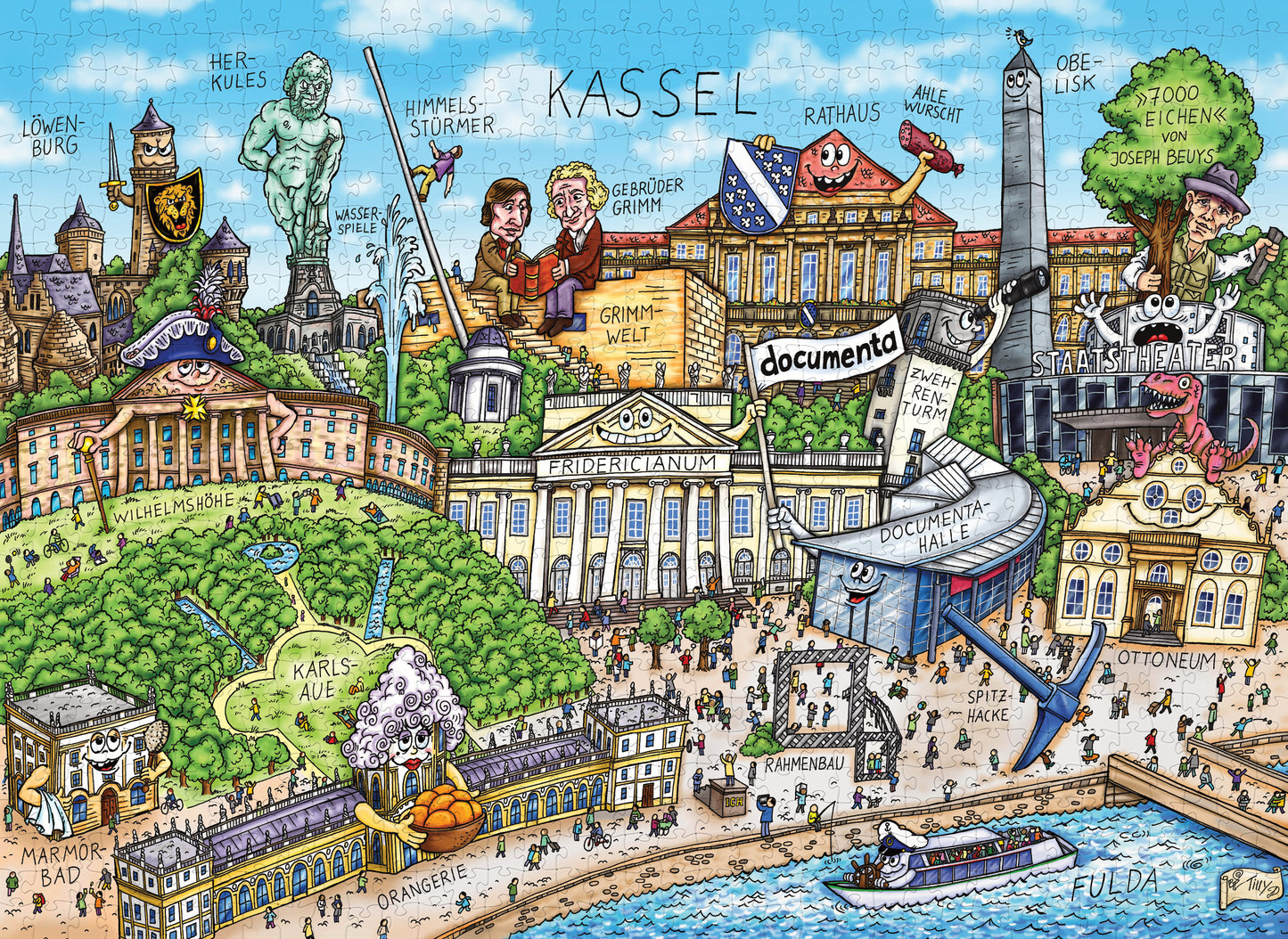 Fertig gelegtes Kassel Wimmelbild-Puzzle mit bunten Zeichnungen von Herkules, Orangerie und documenta-Halle.