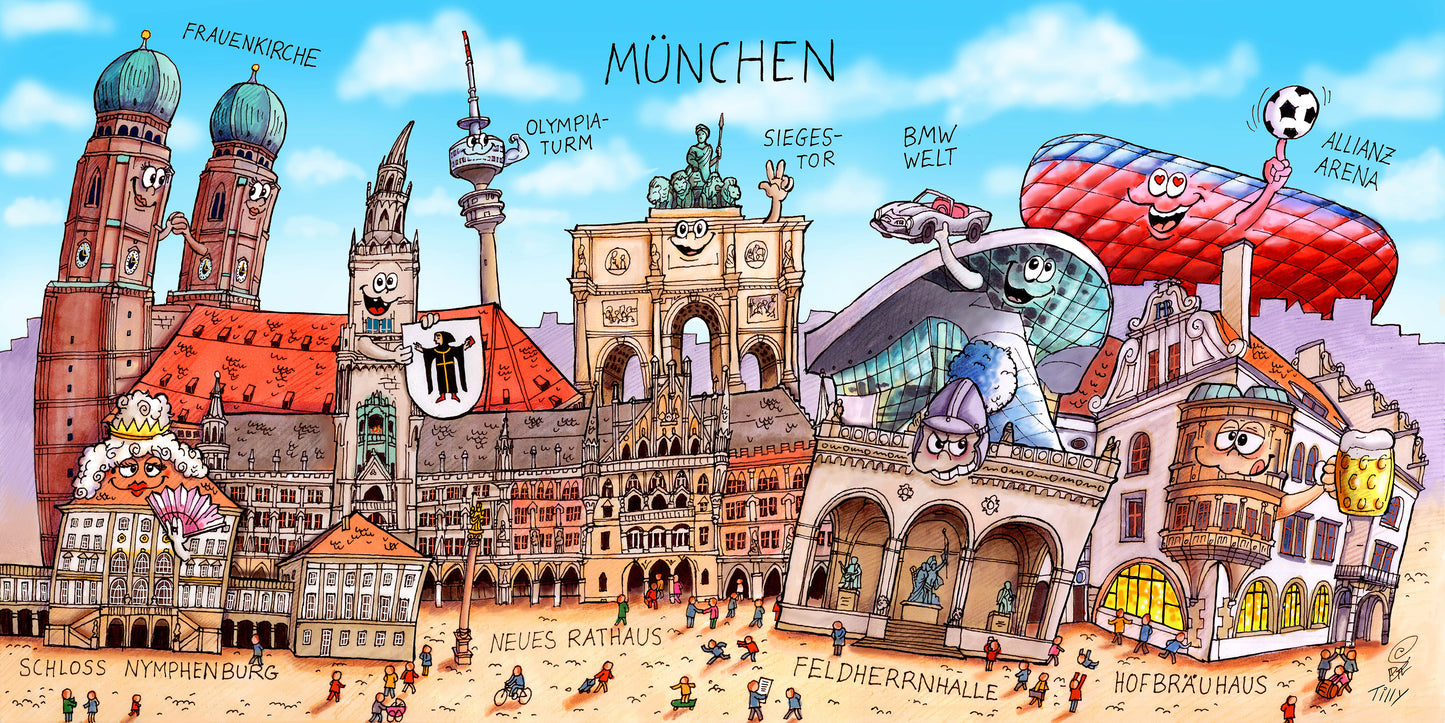 Humorvolles Motiv mit München Wahrzeichen von Jaques Tilly als Geschenkidee.