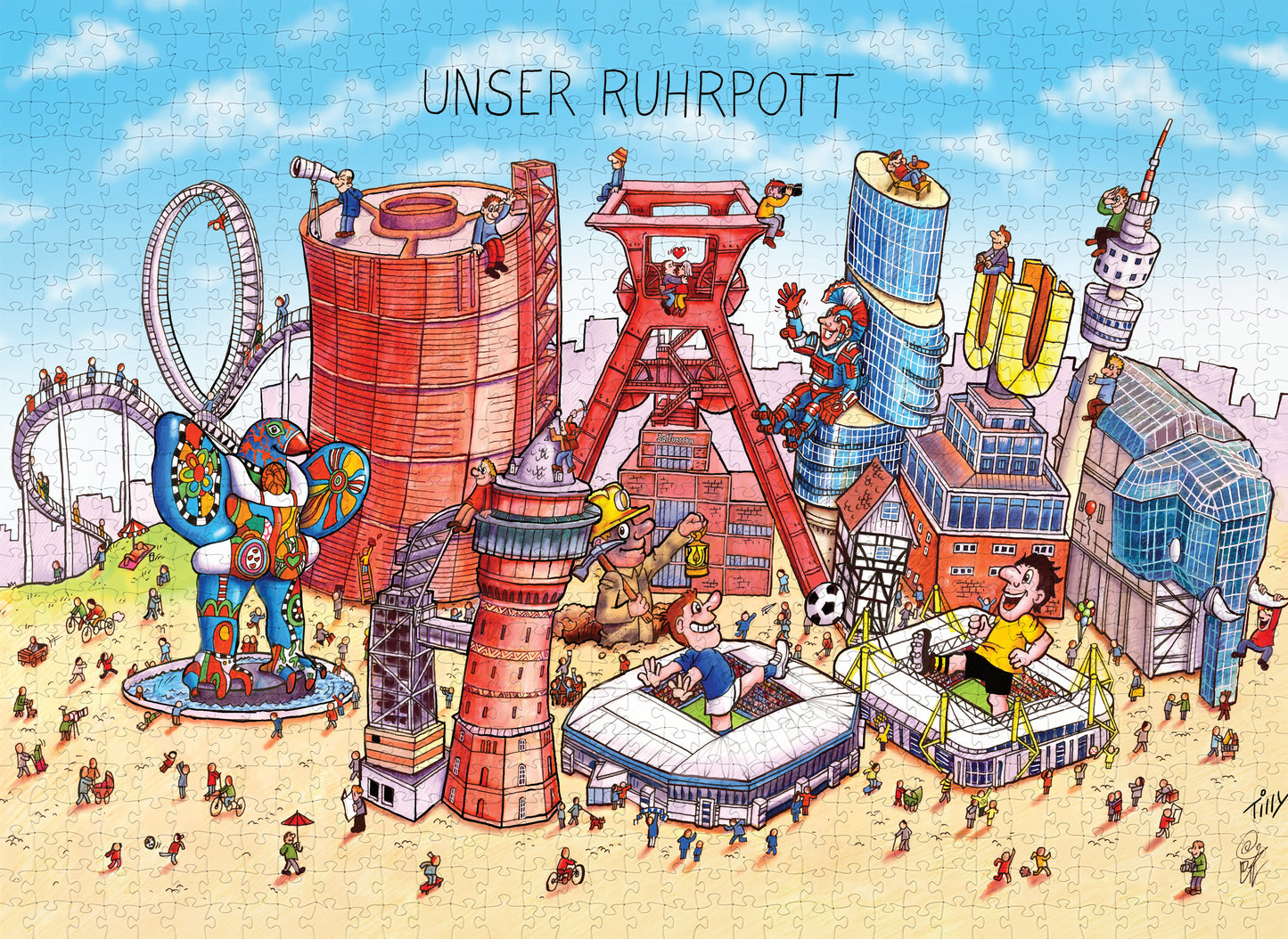 Vollständiges Ruhrpott Puzzle mit 1000 Teilen, das Zeche Zollverein und Gasometer zeigt.