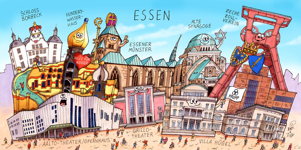 Eine Essen Stadtbild Wimmelbild Collage von Jacques Tilly mit allen wichtigen Sehenswürdigkeiten. 