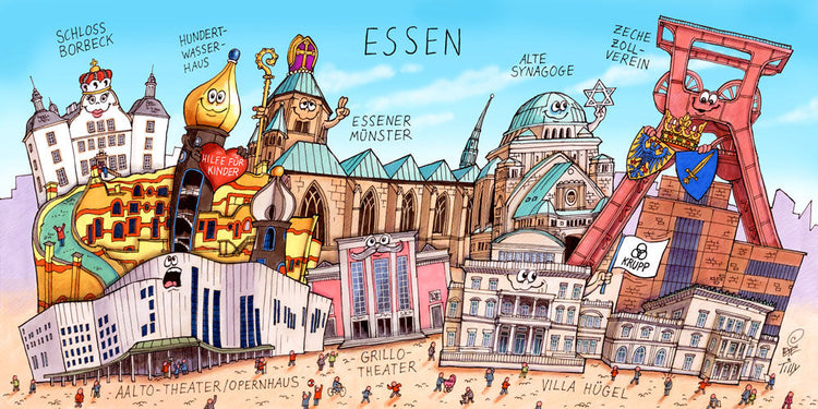 Eine Essen Stadtbild Wimmelbild Collage von Jacques Tilly mit allen wichtigen Sehenswürdigkeiten. 