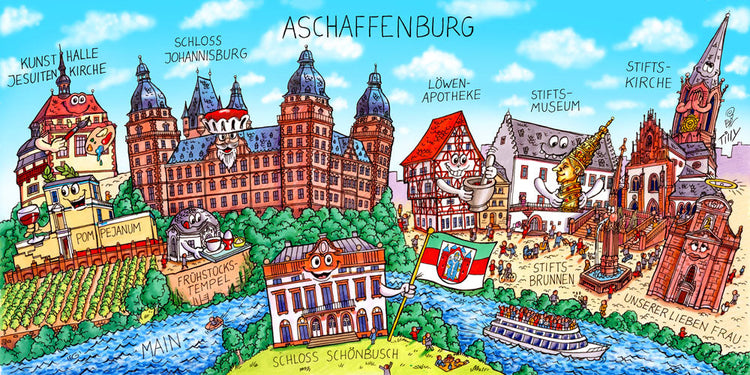 Eine Aschaffenburg Stadtbild Collage von Jacques Tilly mit allen wichtigen Sehenswürdigkeiten. 
