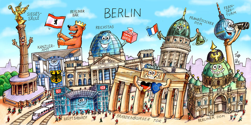 Eine Berlin Stadtbild Collage von Jacques Tilly mit allen wichtigen Sehenswürdigkeiten. 
