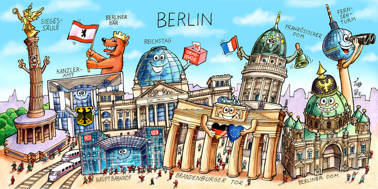 Eine Berlin Stadtbild Collage von Jacques Tilly mit allen wichtigen Sehenswürdigkeiten. 