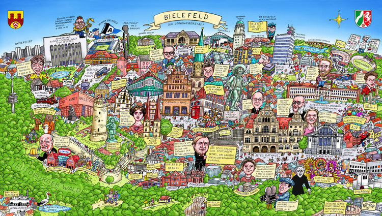 Eine Bielefeld Stadtbild Wimmelbild Collage von Jacques Tilly mit allen wichtigen Sehenswürdigkeiten. 