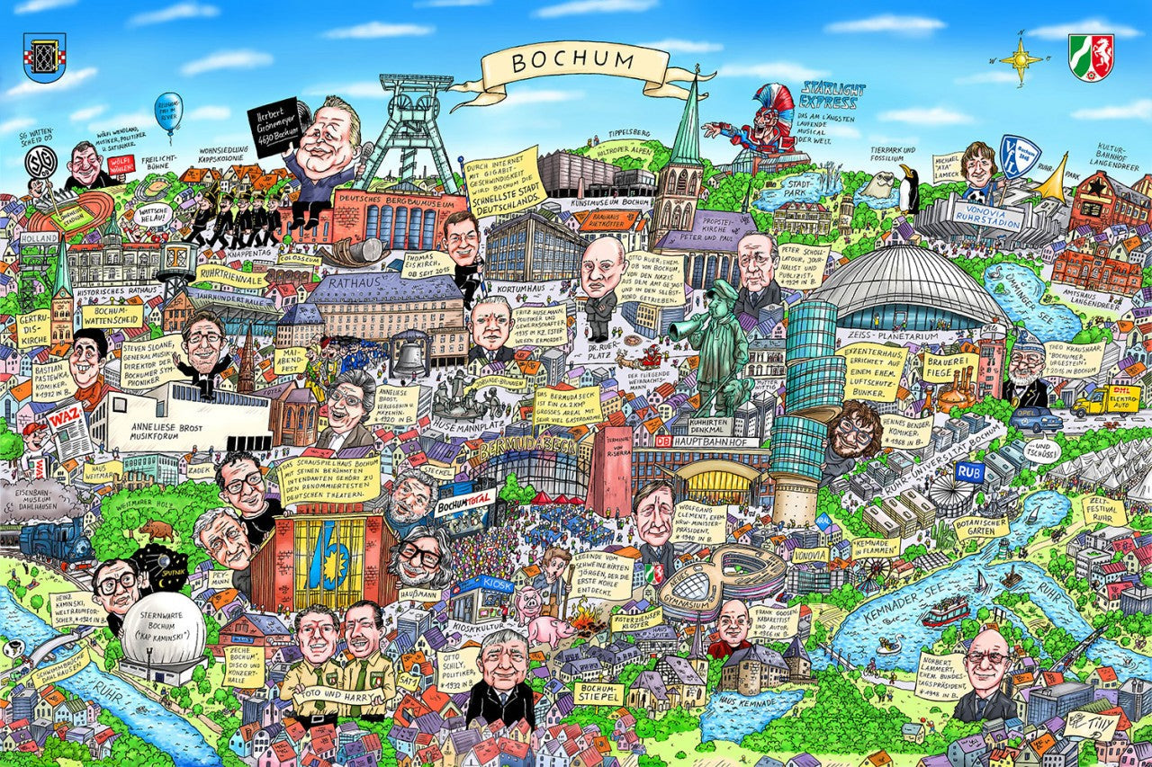 Eine Bochum Stadtbild Wimmelbild Collage von Jacques Tilly mit allen wichtigen Sehenswürdigkeiten. 
