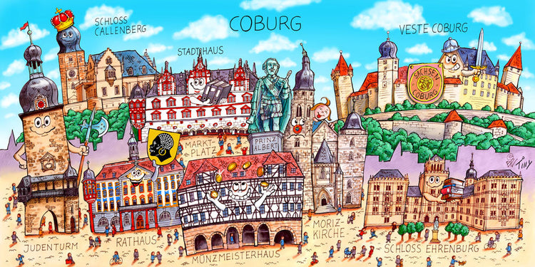 Eine Corburg Stadtbild Wimmelbild Collage von Jacques Tilly mit allen wichtigen Sehenswürdigkeiten. 