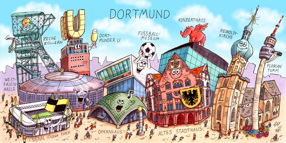 Eine Dortmund Stadtbild Wimmelbild Collage von Jacques Tilly mit allen wichtigen Sehenswürdigkeiten. 
