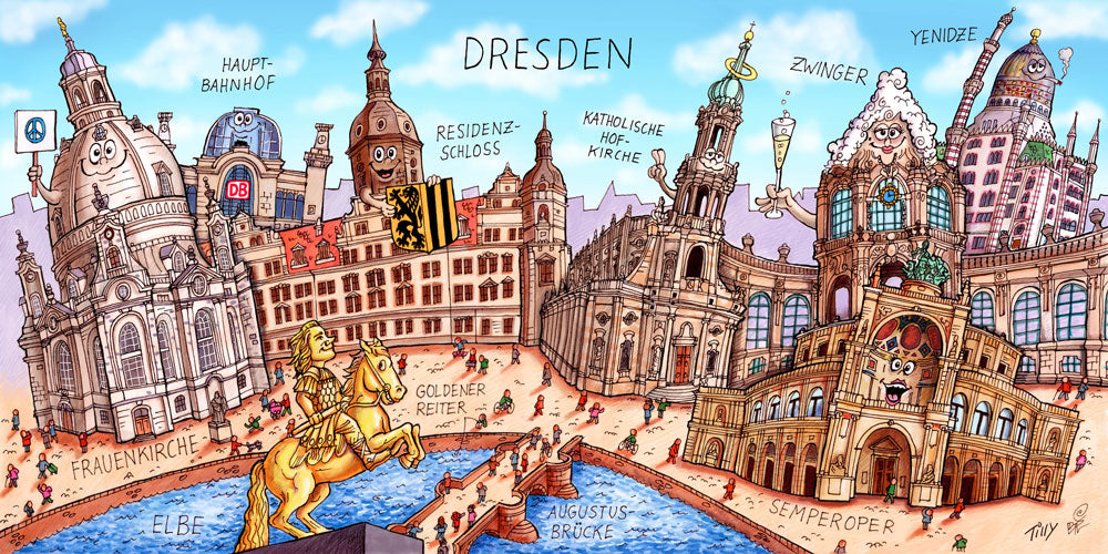 Eine Dresden Stadtbild Wimmelbild Collage von Jacques Tilly mit allen wichtigen Sehenswürdigkeiten. 