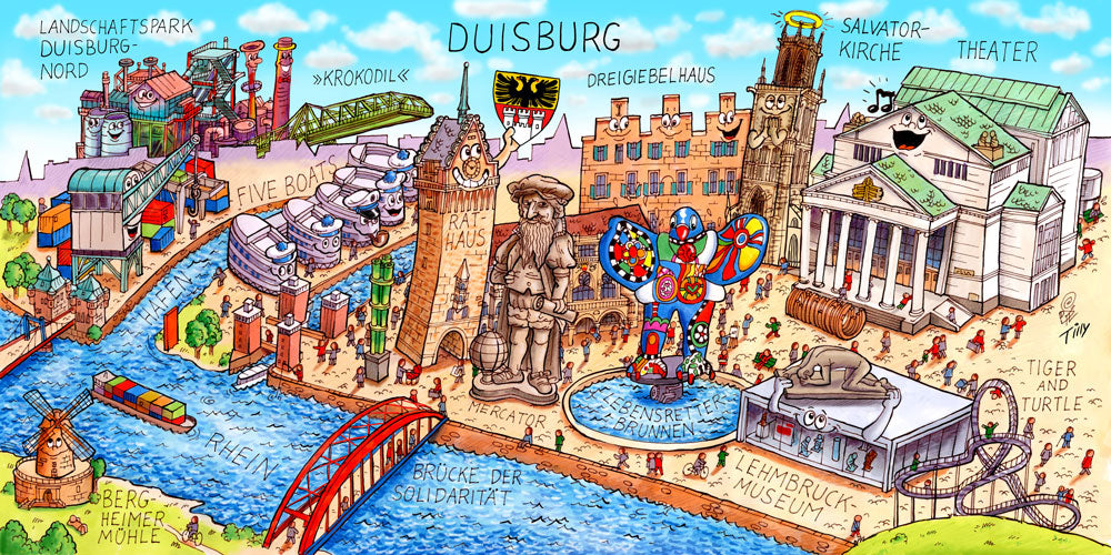 Eine Duisburg Stadtbild Wimmelbild Collage von Jacques Tilly mit allen wichtigen Sehenswürdigkeiten. 