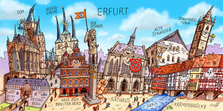 Eine Erfurt Stadtbild Wimmelbild Collage von Jacques Tilly mit allen wichtigen Sehenswürdigkeiten. 
