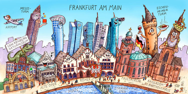 Eine Frankfurt Stadtbild Wimmelbild Collage von Jacques Tilly mit allen wichtigen Sehenswürdigkeiten. 