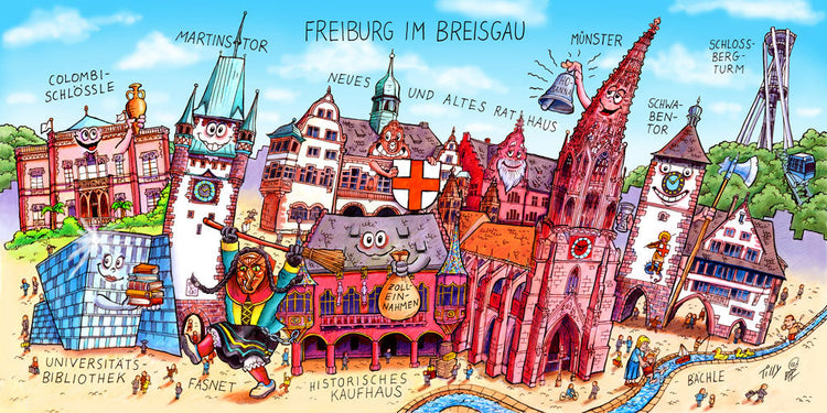 Eine Freiburg im Breisgau Stadtbild Wimmelbild Collage von Jacques Tilly mit allen wichtigen Sehenswürdigkeiten. 