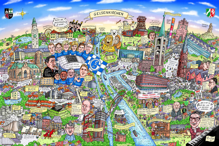 Eine Gelsenkirchen Stadtbild Wimmelbild Collage von Jacques Tilly mit allen wichtigen Sehenswürdigkeiten. 