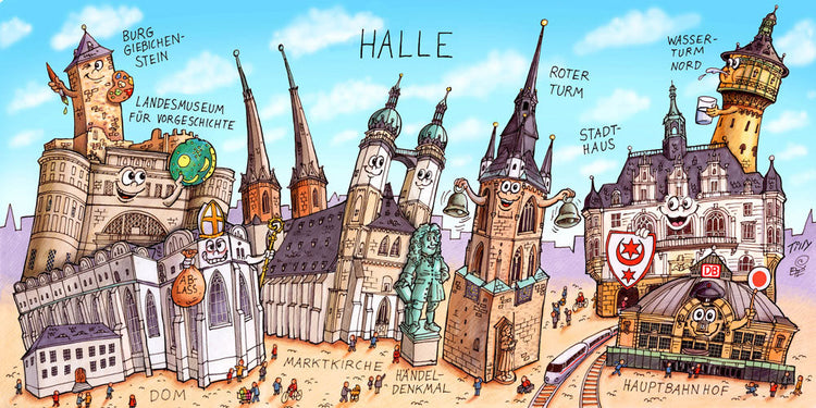 Eine Halle Stadtbild Wimmelbild Collage von Jacques Tilly mit allen wichtigen Sehenswürdigkeiten. 