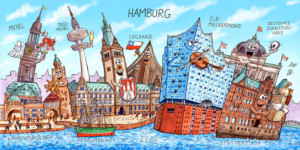 Eine Hamburg Stadtbild Wimmelbild Collage von Jacques Tilly mit allen wichtigen Sehenswürdigkeiten. 
