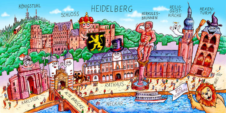 Eine Heidelberg Stadtbild Wimmelbild Collage von Jacques Tilly mit allen wichtigen Sehenswürdigkeiten.