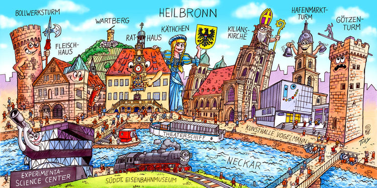 Eine Heilbronn Stadtbild Wimmelbild Collage von Jacques Tilly mit allen wichtigen Sehenswürdigkeiten. 