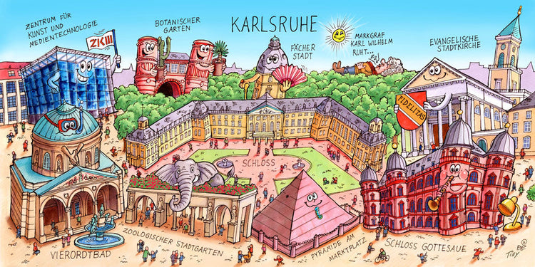 Eine Karlsruhe Stadtbild Wimmelbild Collage von Jacques Tilly mit allen wichtigen Sehenswürdigkeiten. 