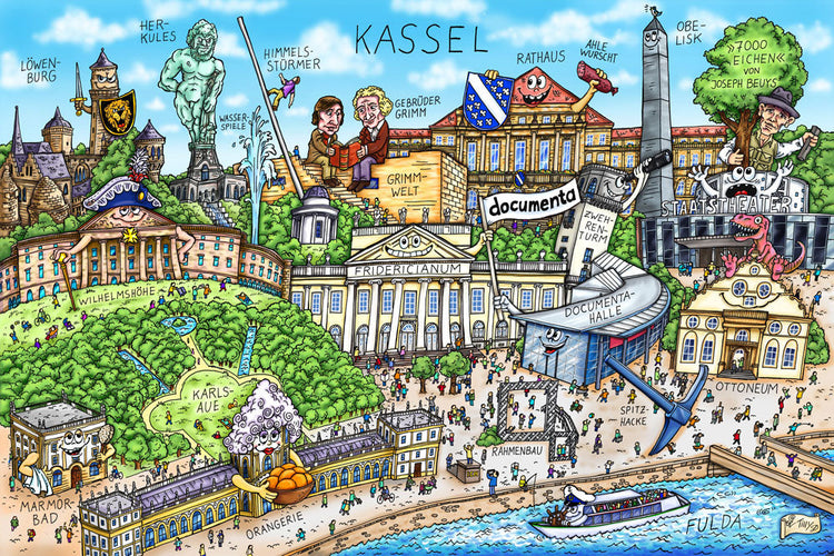 Eine Kassel Stadtbild Wimmelbild Collage von Jacques Tilly mit allen wichtigen Sehenswürdigkeiten. 