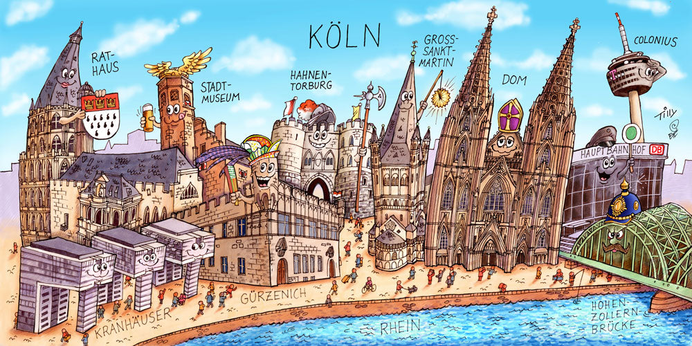 Eine Köln Stadtbild Wimmelbild Collage von Jacques Tilly mit allen wichtigen Sehenswürdigkeiten. 