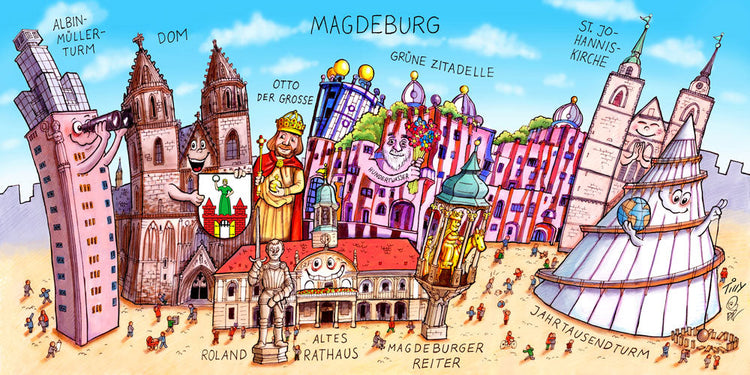 Eine Magdeburg Stadtbild Wimmelbild Collage von Jacques Tilly mit allen wichtigen Sehenswürdigkeiten. 