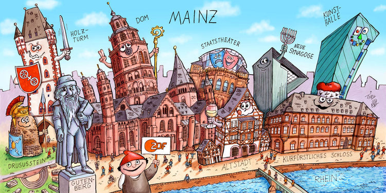 Eine Mainz Stadtbild Wimmelbild Collage von Jacques Tilly mit allen wichtigen Sehenswürdigkeiten. 
