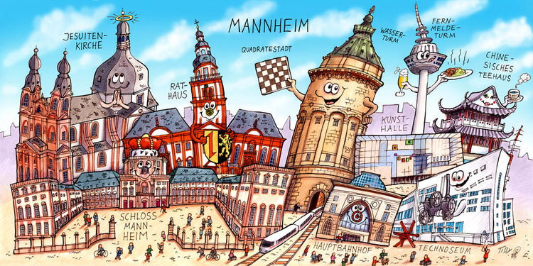 Eine Mannheim Stadtbild Wimmelbild Collage von Jacques Tilly mit allen wichtigen Sehenswürdigkeiten.