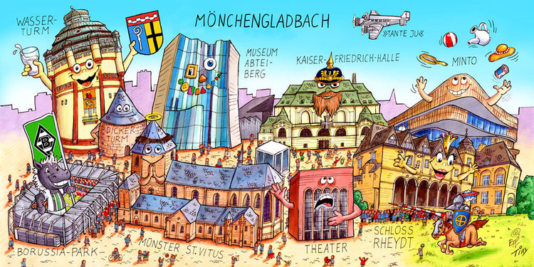 Eine Mönchengladbach Stadtbild Wimmelbild Collage von Jacques Tilly mit allen wichtigen Sehenswürdigkeiten.