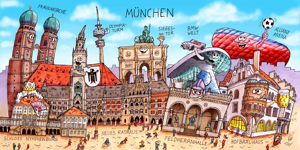 Eine München Stadtbild Wimmelbild Collage von Jacques Tilly mit allen wichtigen Sehenswürdigkeiten. 