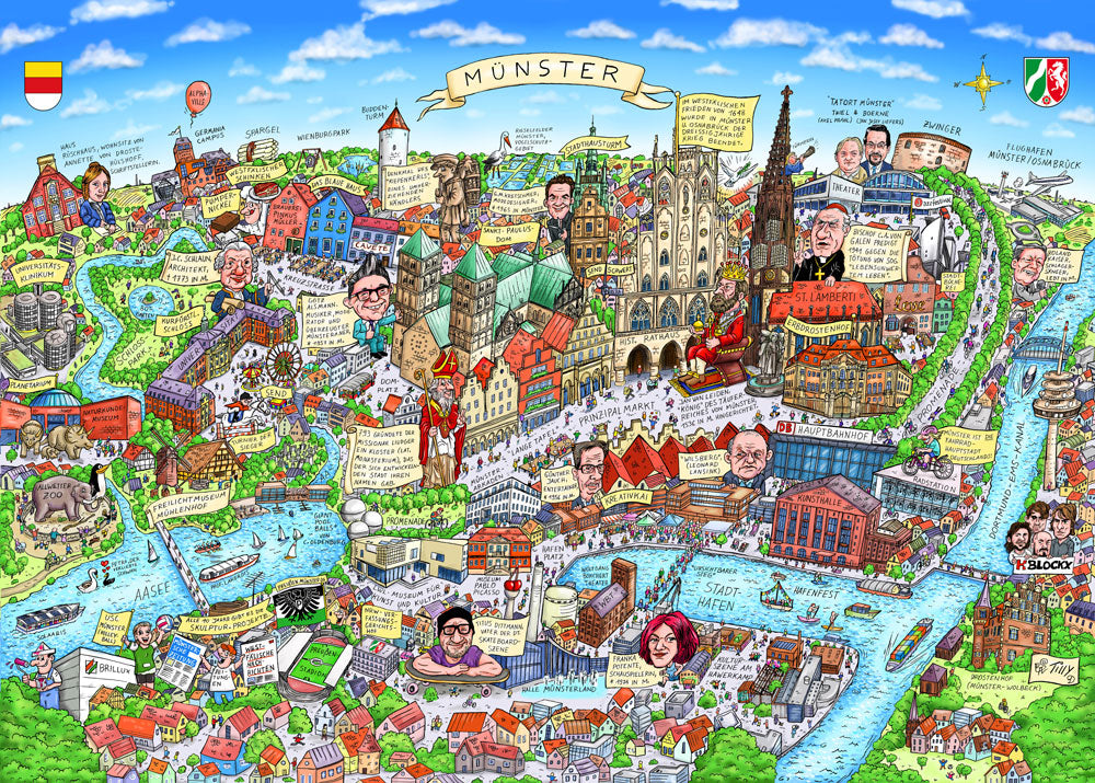 Eine Münster Stadtbild Wimmelbild Collage von Jacques Tilly mit allen wichtigen Sehenswürdigkeiten.