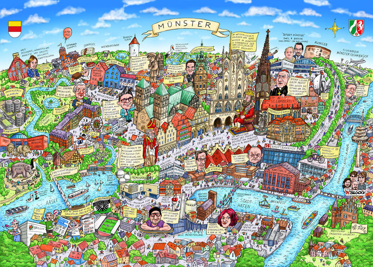 Eine Münster Stadtbild Wimmelbild Collage von Jacques Tilly mit allen wichtigen Sehenswürdigkeiten.