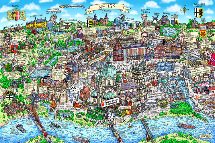 Eine Neuss Stadtbild Wimmelbild Collage von Jacques Tilly mit allen wichtigen Sehenswürdigkeiten.