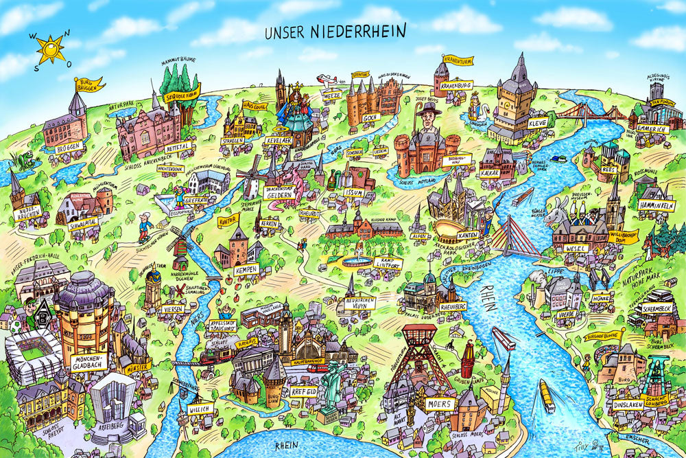Eine Niederrhein Wimmelbild Collage von Jacques Tilly mit allen wichtigen Städten und Sehenswürdigkeiten.