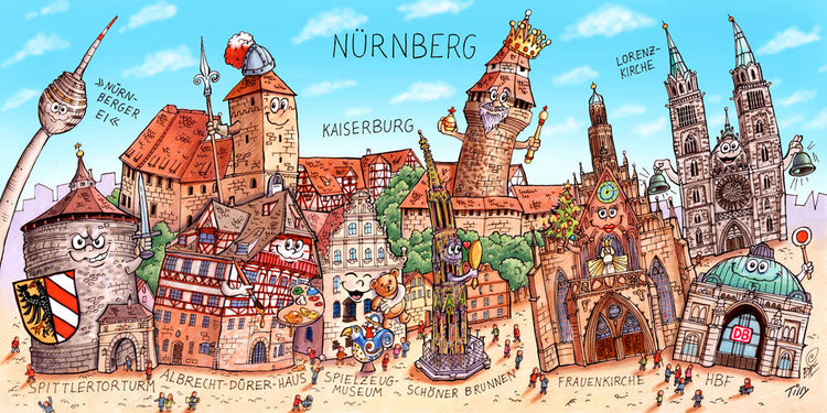 Eine Nürnberg Stadtbild Wimmelbild Collage von Jacques Tilly mit allen wichtigen Sehenswürdigkeiten.