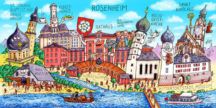 Eine Rosenheim Stadtbild Wimmelbild Collage von Jacques Tilly mit allen wichtigen Sehenswürdigkeiten.