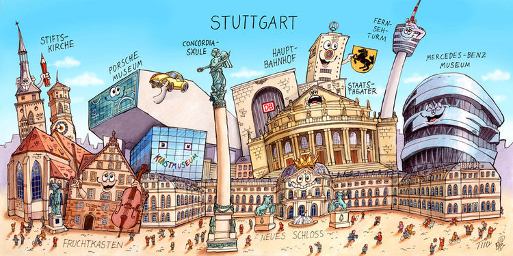 Eine Stuttgart Stadtbild Wimmelbild Collage von Jacques Tilly mit allen wichtigen Sehenswürdigkeiten.