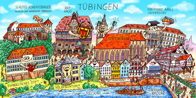 Eine Tübingen Stadtbild Wimmelbild Collage von Jacques Tilly mit allen wichtigen Sehenswürdigkeiten.