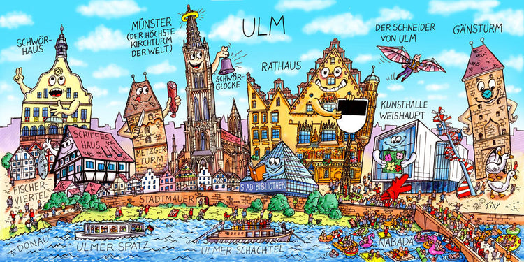 Eine Ulm Stadtbild Wimmelbild Collage von Jacques Tilly mit allen wichtigen Sehenswürdigkeiten.