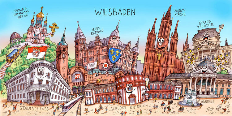 Eine Wiesbaden Stadtbild Wimmelbild Collage von Jacques Tilly mit allen wichtigen Sehenswürdigkeiten.