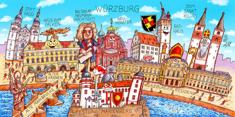 Eine Würzburg Stadtbild Wimmelbild Collage von Jacques Tilly mit allen wichtigen Sehenswürdigkeiten.
