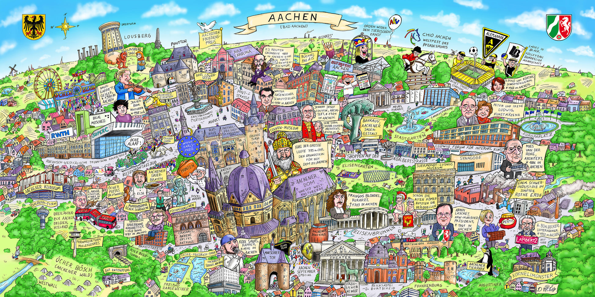 Detailansicht der Aachen Motivs von Jaques Tilly mit Aachener Dom und Elisenbrunnen.