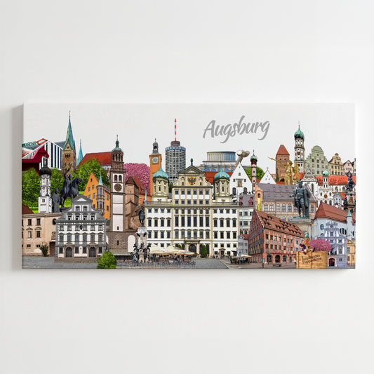 Augsburg Leinwand mit bunter City-Collage der wichtigsten Wahrzeichen von Bernd Röttgers.