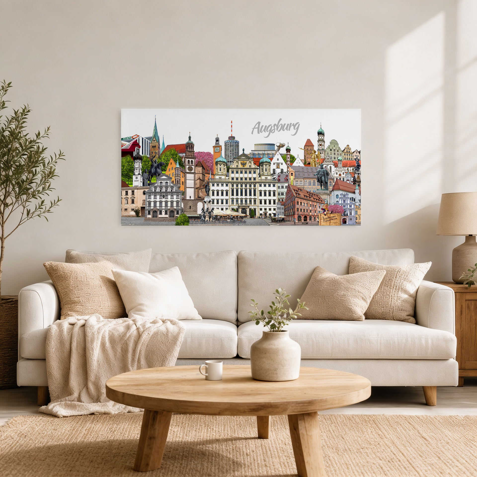 Moderne Augsburg Deko: Leinwanddruck der Skyline Collage von Bernd Röttgers.