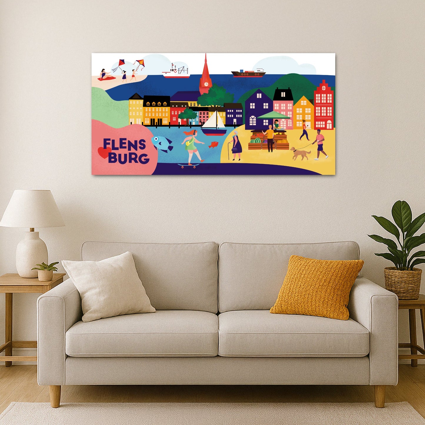 Flensburg Canvas-Leinwand mit Illustration von Segelbooten, Kirchturm und Strandleben.