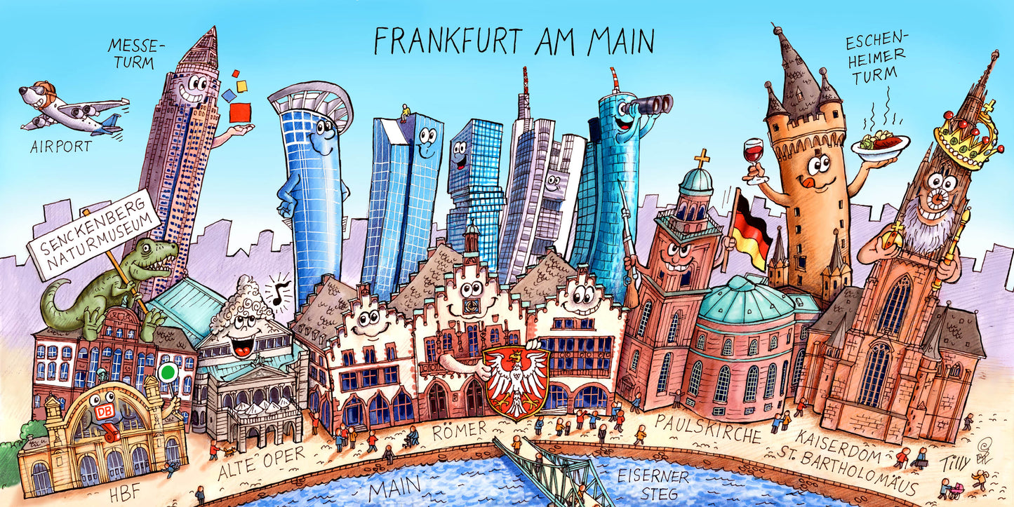 Satirisches Wimmelbild der Frankfurter Skyline auf einer Keramiktasse.